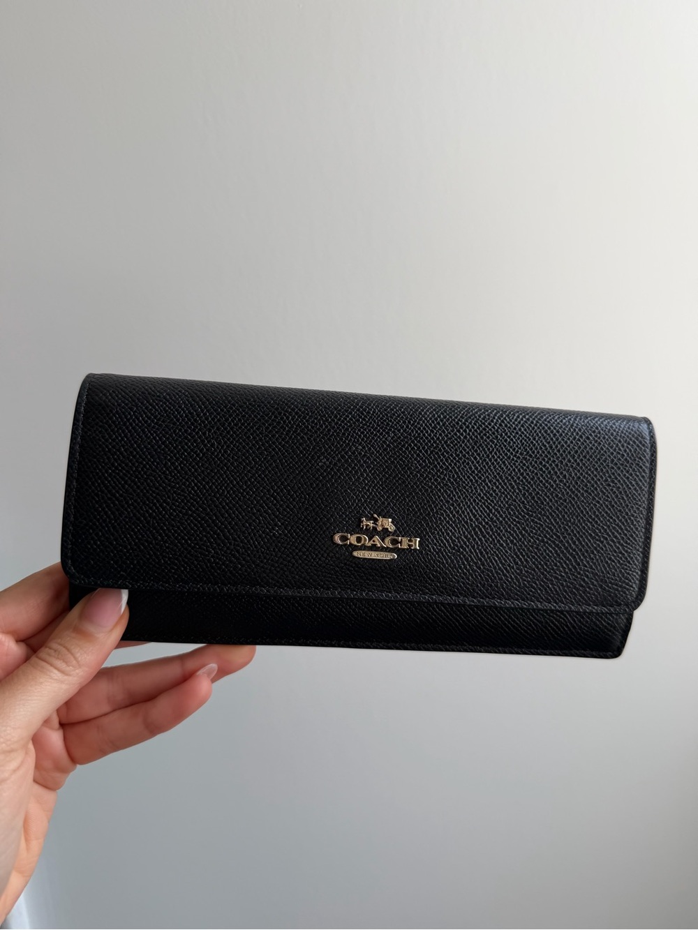 Coach Black Leather Continental Wallet with Gold Logo